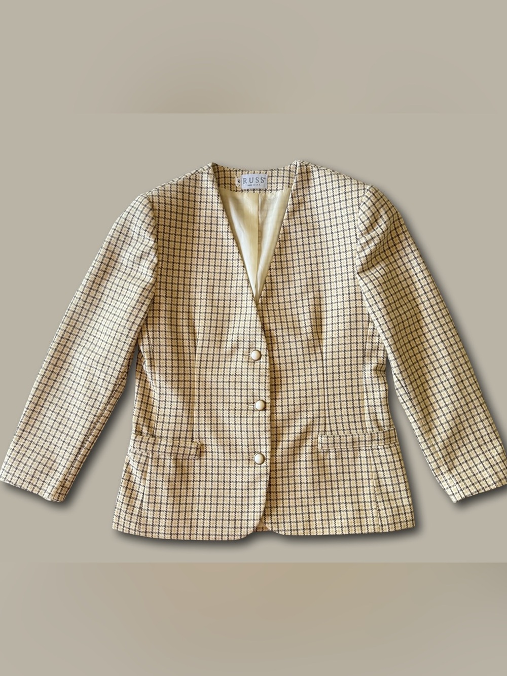 Vintage Russ Collarless Houndstooth Blazer Jacket S M